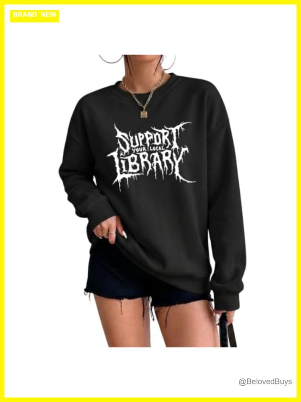 Women's Goth Graphic Sweatshirt Support Your Local Library Grunge Crew Neck